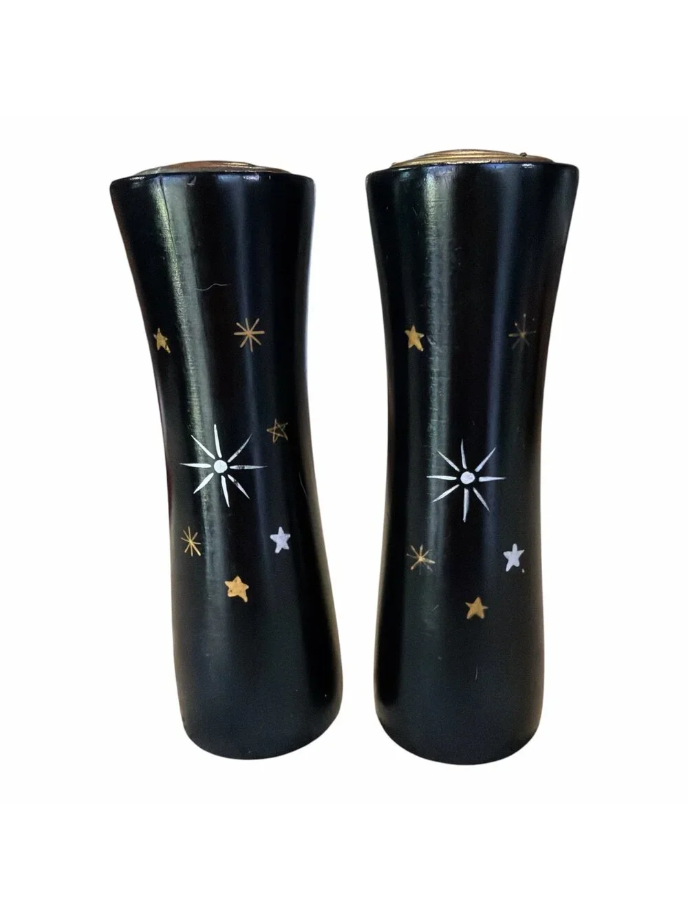 (2) salt shakers 7”mid-century modern (MCM) celestial salt and pepper shaker set